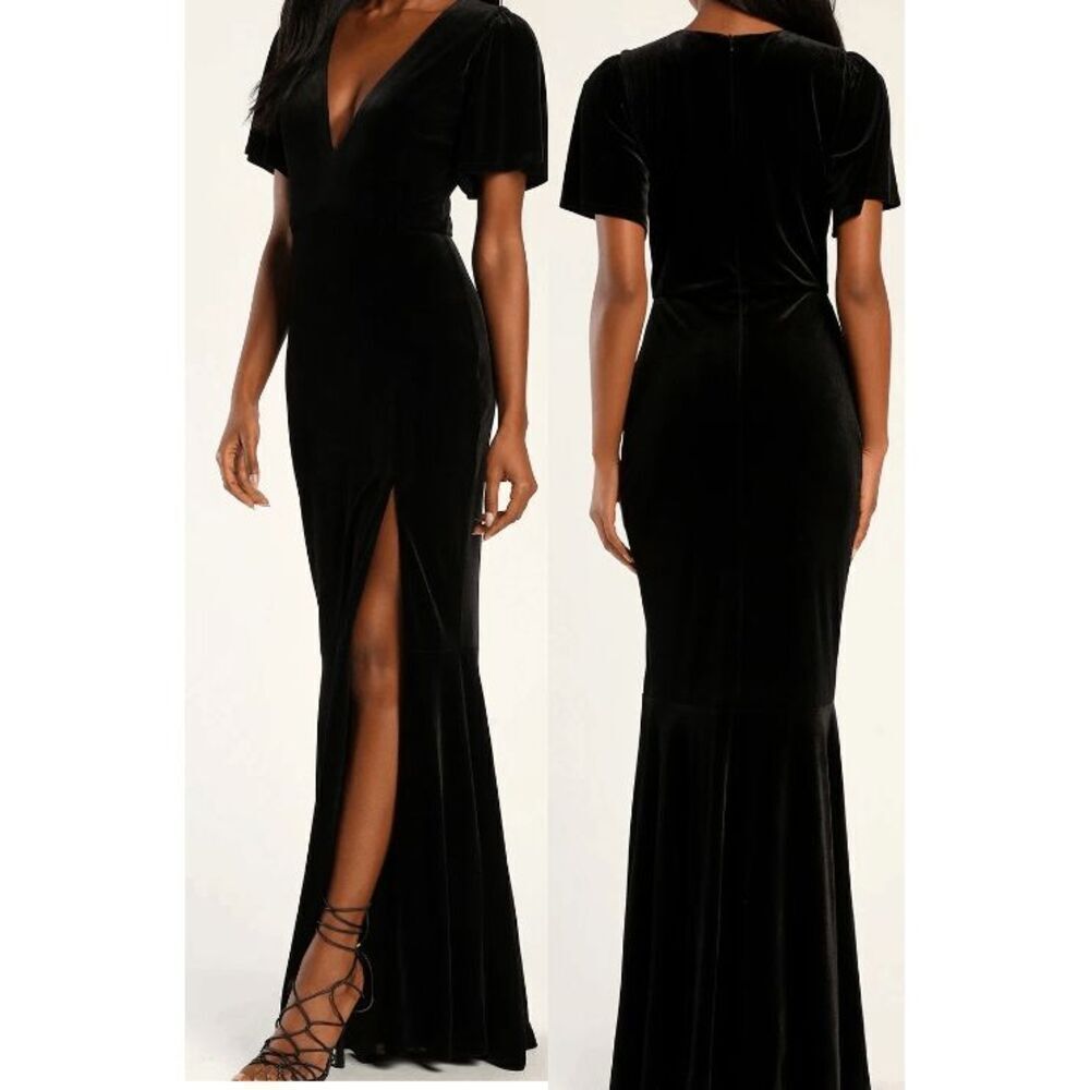Lulus Black Velvet Trumpet Maxi Dress | XS | V-Neck | Flutter Sleeve | Slit Gown